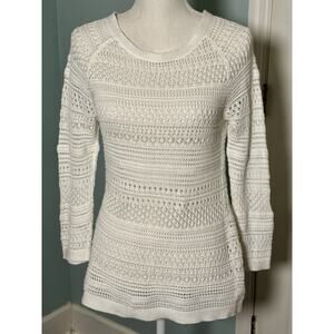 Ann Taylor Loft White Open Knit Sweater, Pointelle, Long Sleeve, S
